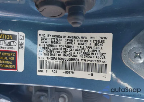 2008 Honda Civic Ex из США, поврежденный, VIN 1HGFA16898L009804